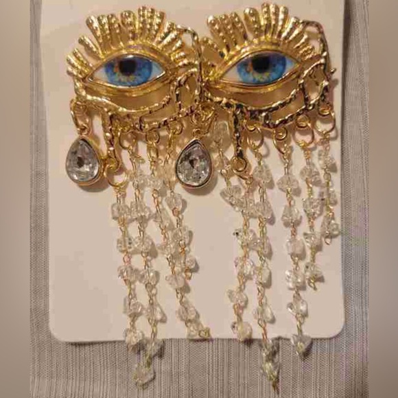 “Blue Eye Chandelier” Vivid Realism Cry Iris Tiered Crystal Tear Tassel Earrings - Picture 10 of 12